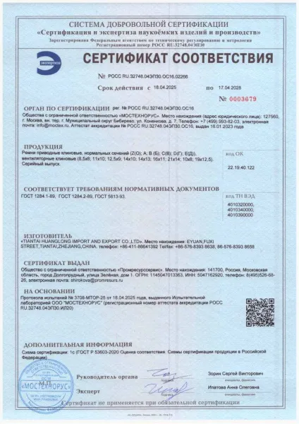 Сертификат соответствия Ремни ПРС