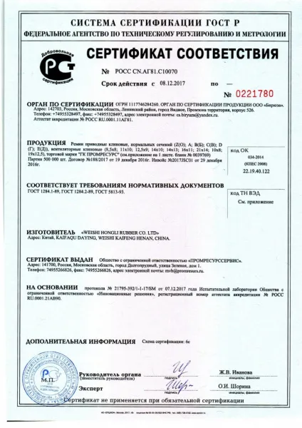 Сертификат соответствия Ремни ПРС